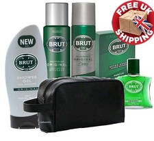 Men`s Brut Original 5 Piece Gift Set Shower Gel Aftershave 2 x Sprays + Bag