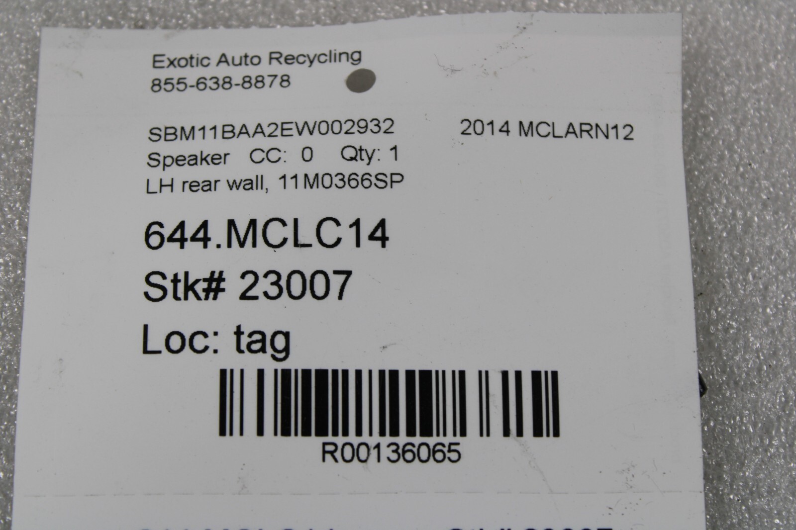 McLaren MP4-12C, RH, Right, Rear Wall Speaker, Used, P/N 11M0366SP