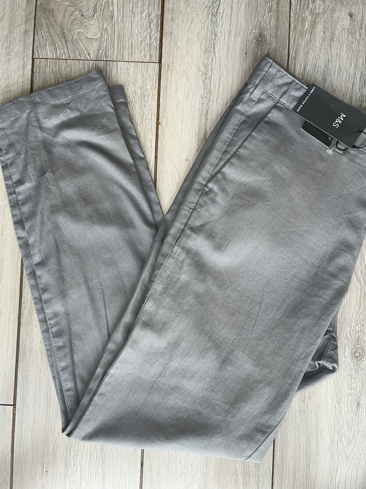 Mens Grey Linen Cotton Blend Trousers Waist 36 X 31 Reg Fit M&S