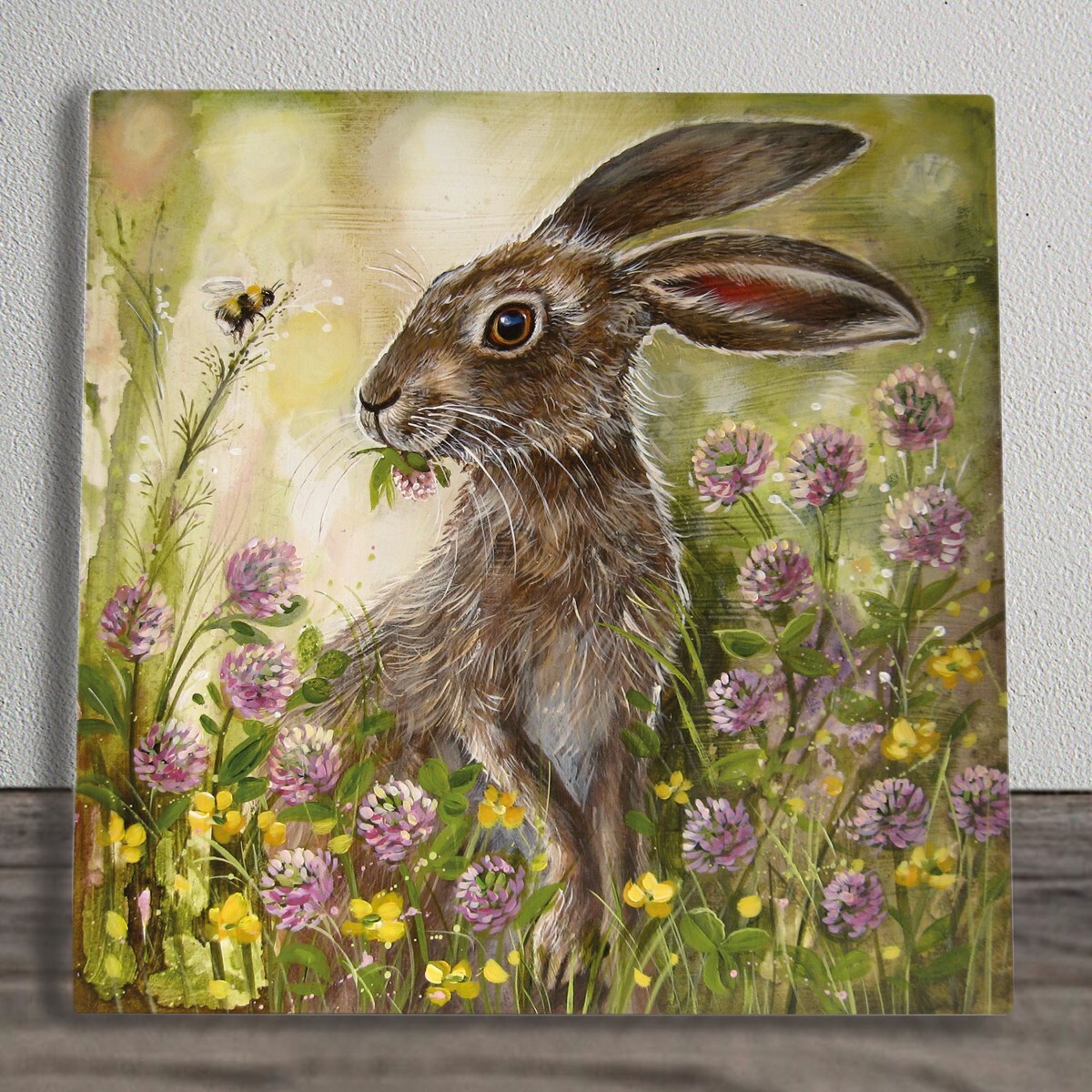 Hare in Clover Ceramic Tile Picture Floral Plaque Sign By Judith Yates 20x20cm