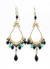GORGEOUS Lightweight Aquamarine Black Onyx Crystals Gold Chandelier Earrings ABK