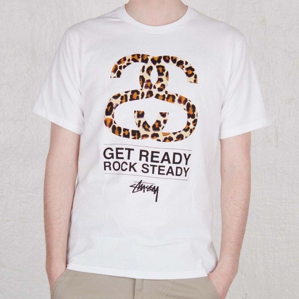 Stussy SS Leopard T-Shirt White Get Ready Rock Steady Men's XL