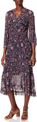ESPRIT Pleated Midi Dress Size XS Floral Purple V-Neck