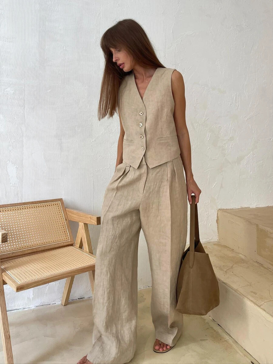 Women's Linen Cotton Fashionable Vest and Pants, Men's Summer Two