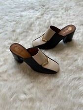 Tory Burch Equestrian Link Leather High Heeled Mules Cream Black Gold 6.5M