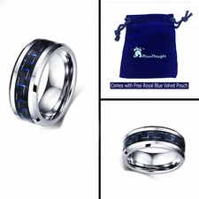 8mm Men's GENUINE Tungsten Carbide Blue Carbon Fiber Inlay Wedding Band Ring