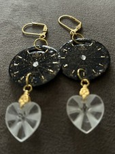 Orecchini Handmade Vecchio Quadrante Orologio Vetta Sintesi Nero Con Cristalli
