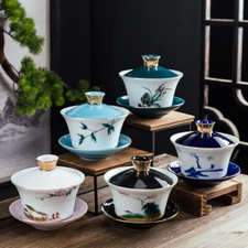 300ml Porcelain Gaiwan Handpainted Craft Ceramic Tureen Covered Bowl Saucer Lid