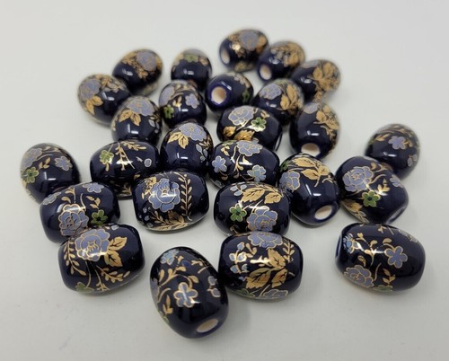 25 pcs Blue & Gold Painted Floral Flower 20mm Oval Ceramic Craft Jewelry Beads