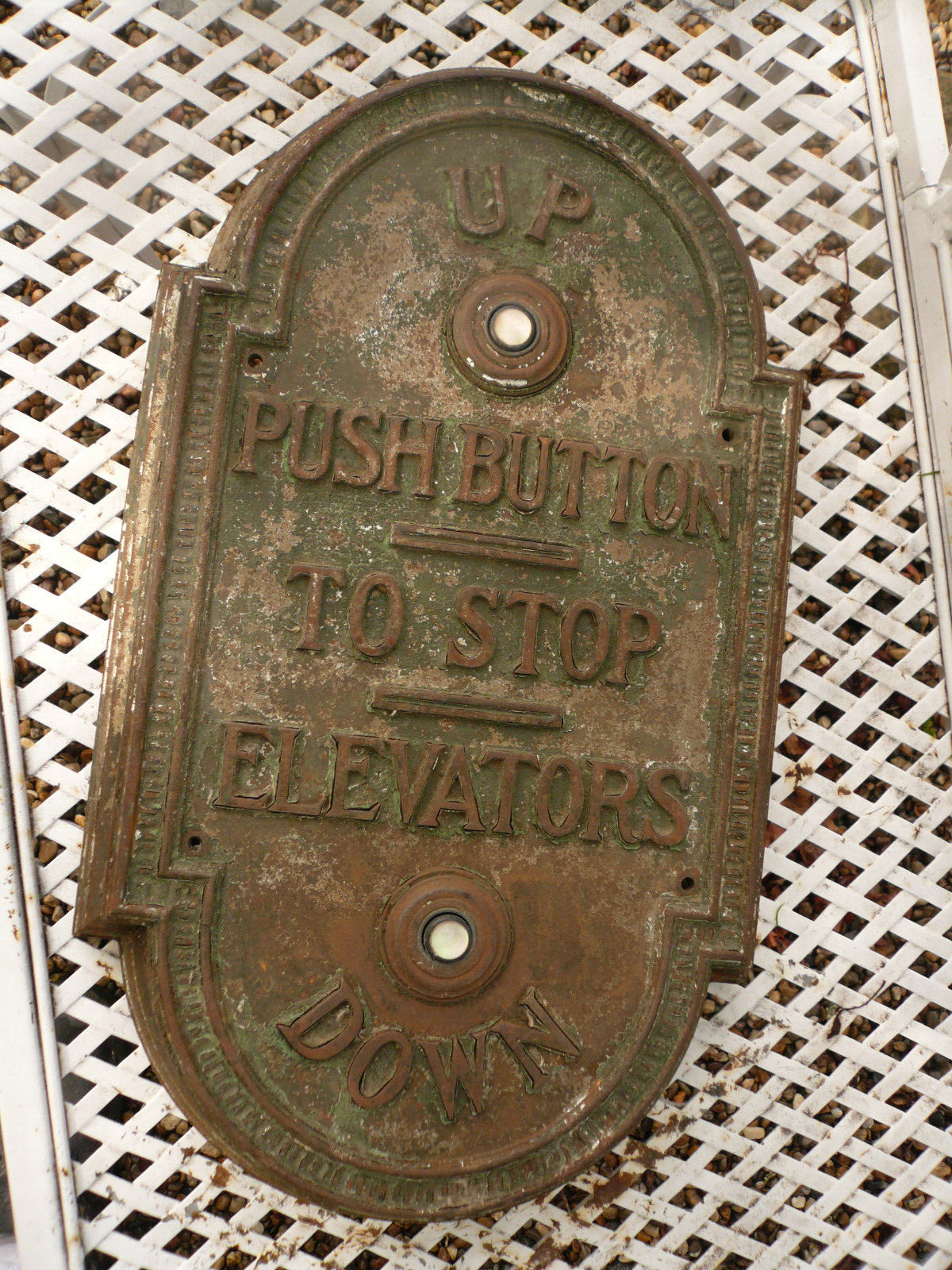 COLOSSAL ANTIQUE CAST IRON ELEVATOR CALL PANEL MOTHER OF PEARL CALL BUTTONS 18"