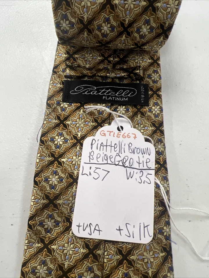 Piattelli 男式棕色米色几何丝绸领带 185 美元 — 第 4/4 张图片