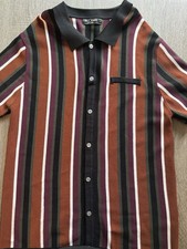 Paul Jones Men's Striped Knit Button-Up Short Sleeve Point Collar Brown Black L