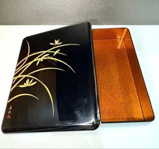 Echizen Lacquerware Box by Shinfu Makie Orchid Pattern Used