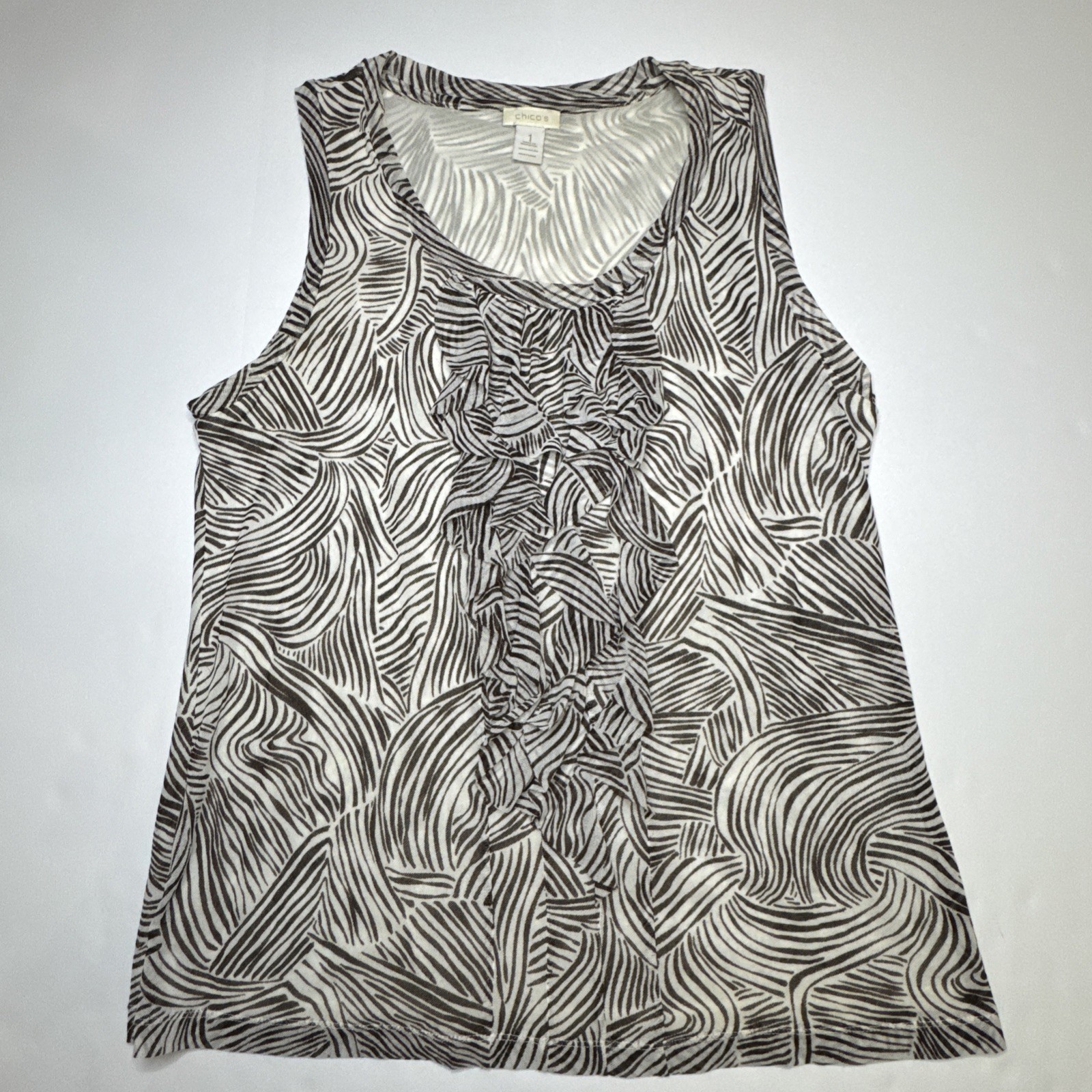 Tank Top Ruffle Front Abstract Brown White Size 1 Chico's Mesh Sleeveless Blouse-image