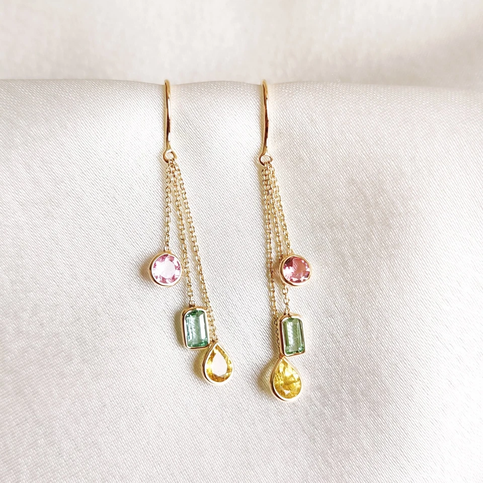 1.62ct Natural Tourmaline Earrings 14K Gold Dangle Minimalist October Birthstone - Image 2 of 4