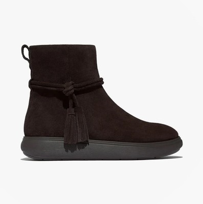 FitFlop iQ-Comff Damen-Stiefeletten mit Quaste Veloursleder Reißverschluss schokobraun
