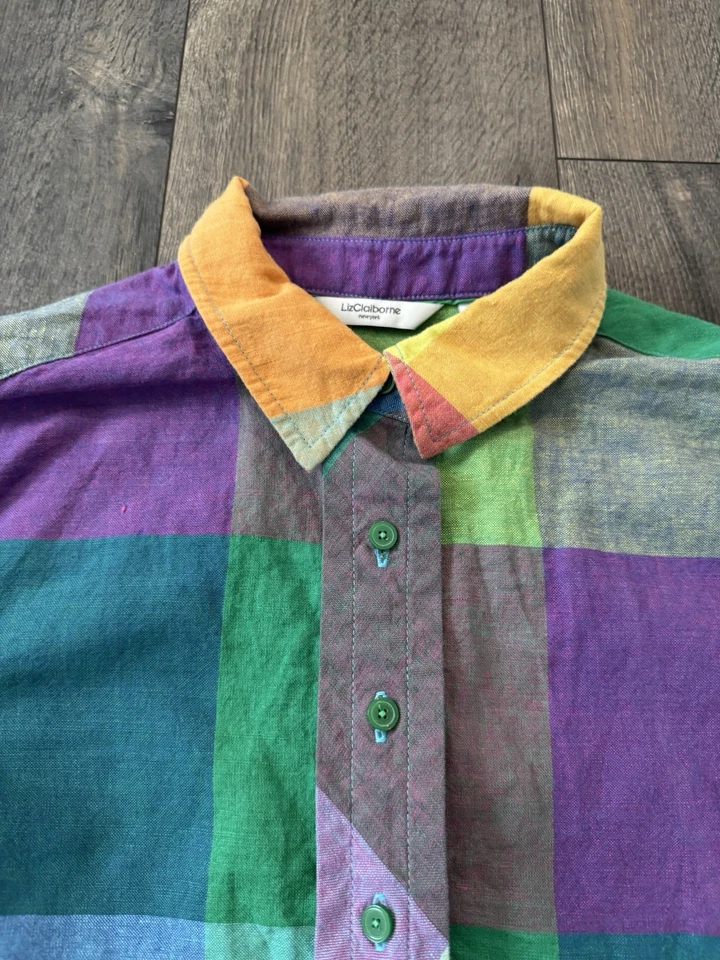 Camisa vintage Liz Claiborne para mujer con botones L/G bloque de color blusa lino algodón Foto 2 de 4