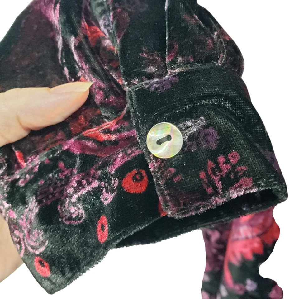 Vintage Negro Borgoña Púrpura Paisley Terciopelo Manga Larga Botón Delantero Años 90 Grunge Foto 2 de 4
