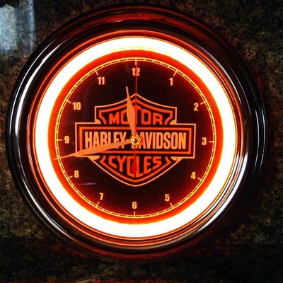 HARLEY DAVIDSON MOTOR CYCLE ORANGE NEON STYLE LIGHT WALL CLOCK 12''