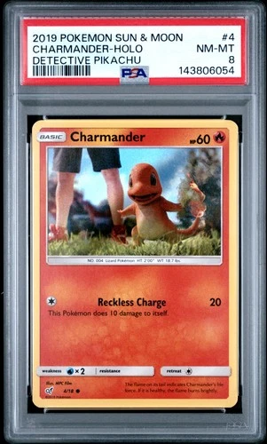 2019 POKEMON SUN & MOON DETECTIVE PIKACHU #4 CHARMANDER-HOLO PSA 8