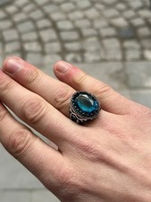 Men's Silver Aquamarine Ring, Vintage Ottoman 925 Sterling Silver, Blue Stone