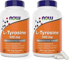 NOW Foods L-Tyrosine 500mg, 300 Capsules Pack of 2 - 300 Count