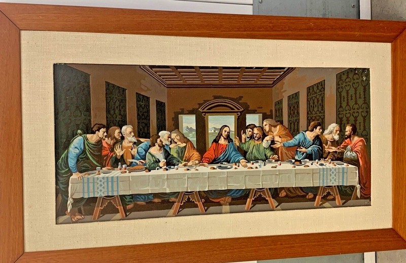 THE LAST SUPPER HAND-PAINTED W/ FABRIC MATTING WOOD FRAME 41" X 24" vintage
