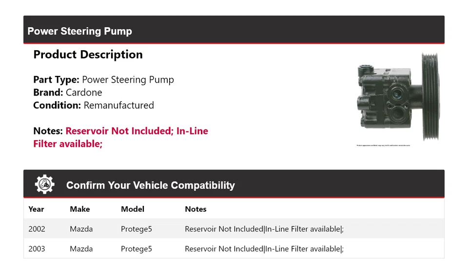 Bomba de dirección asistida Cardone para Mazda Protege5 2002-2003 Foto 2 de 4