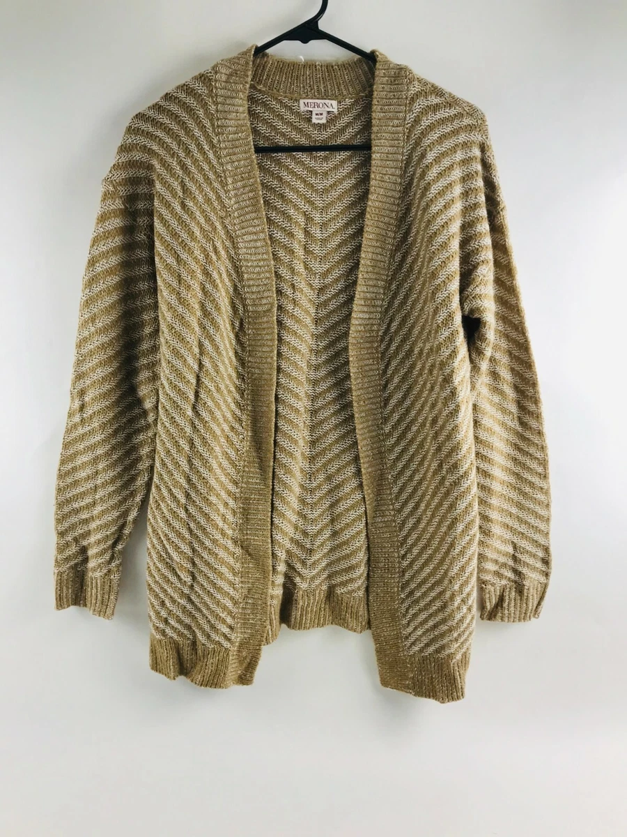 Merona Cardigan Open Sweater Women s Size Medium Brown Tan White Striped Knitted