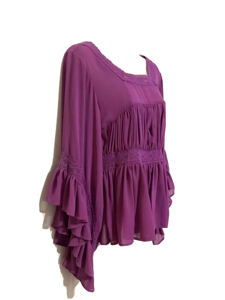Blusa top marc bouwer ilimitada XS elegante púrpura plisado manga cascada encaje Foto 3 de 4