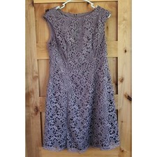 Adrianna Papell Soft Brown Lace Wedding Guest Dress Sz 10 Zip Up Midi Boat Neck