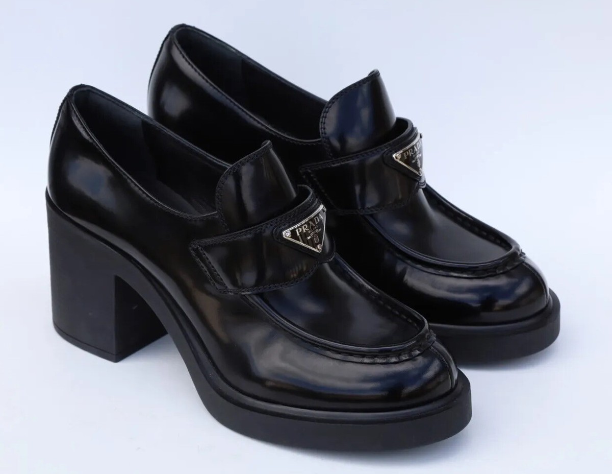 Prada Chocolate Brushed Leather Heel Pump Platform Loafer Prada Chocolate Brushed Leather Heel Pump Platform Loafer