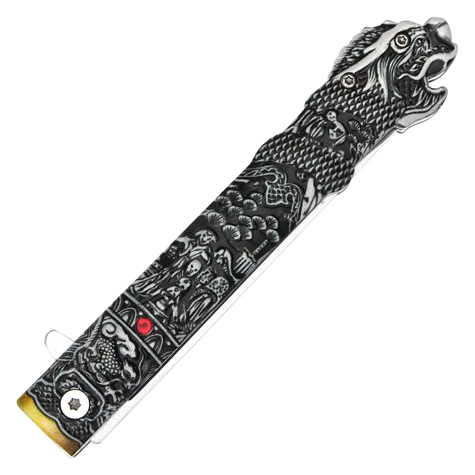 9.25" Spring Assisted Highlander Theme Pocket knife Dragon Mouth Tactical  458A - Image 4 of 4