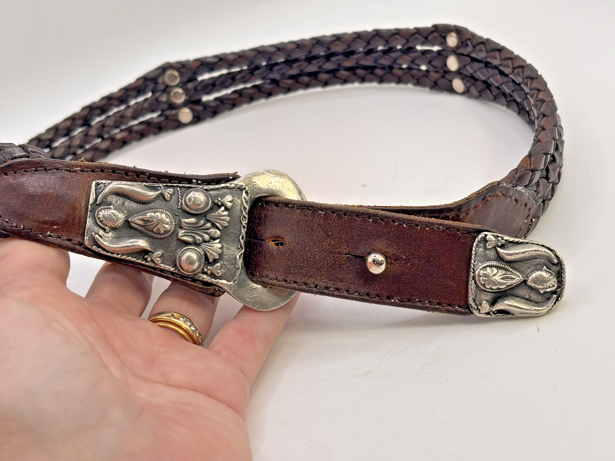 Western Triple Braid Brown Leather Lasso Silver Tone Pewter  display picture 1