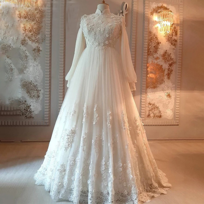 Gorgeous Dubai Arabic Wedding Dresses V Neck Long Sleeves Sweep Train Ball Gown  Bridal Gowns Custom Made Long Robes De Mariée - AliExpress