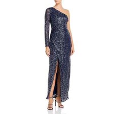 NWT Aqua Sequined One Shoulder Gown Navy Silver 6 298