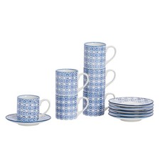 12 Piece Hand-Printed Espresso Cup & Saucer Set Tea Coffee Cups 65ml Navy
