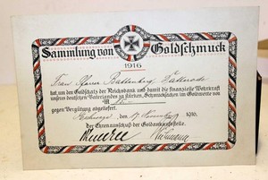 ORIGINAL WWI GERMAN “GOLD GIFT” CERTIFICATE – 1916 – SAMMLUNG VON GOLDSCHMUCK
