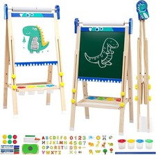 Kids Wooden Art Easel with Paper Roll,Foldable Double-Sided Easel with