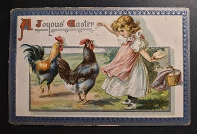 Easter Chicken Rooster Young Girl Tuck's c1912 Vintage Postcard Saxony