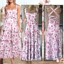 Petal and Pup Pink Bloom Lillee Tiered Lace-Up Back Maxi Dress Size: XS