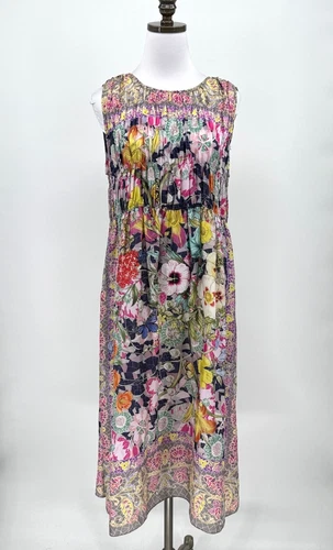 Johnny Was Multicolor Silk Smocked Cisco Celia Midi Sundress Sz M NEW