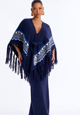 Fashion Nova  Maxi Sweater Dress w Poncho Navy White Fringe Tie Belt