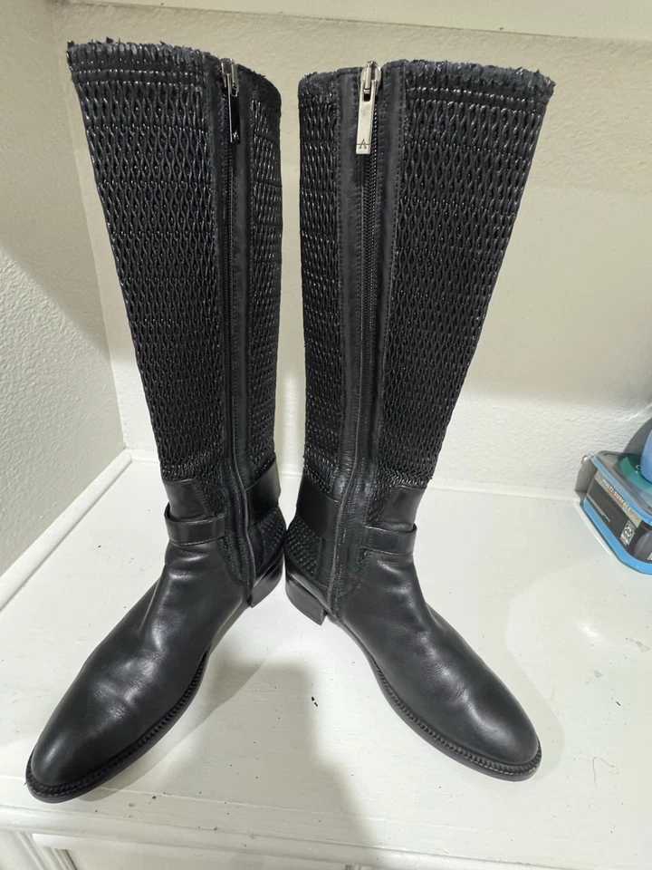 Black Leather Knee High Boots Elastic Shaft Designer Style Women's Shoes - Image 4 of 4