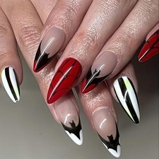 Halloween Bat Press on Nails Almond French Tip Fake Nails with bats stripe