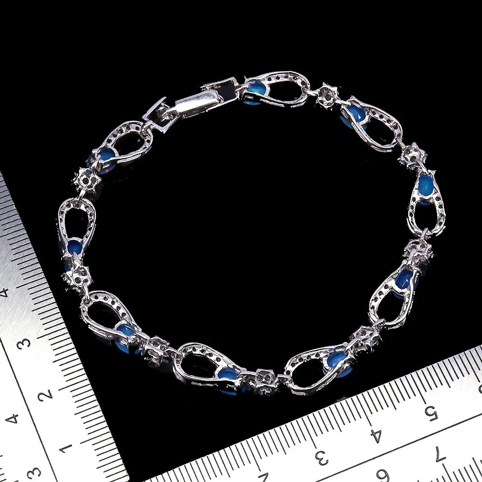925 Sterling Silber Armband Oval Blau Opal 6x4mm Smaragd Edelstein Schmuck - Bild 3 von 4