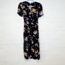 Fat Face Tea Dress Black Pink Floral Button Down Belted Short Sleeve UK Size 8