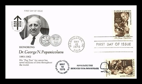 US COVER DR GEORGE PAPANICOLAOU EARLY CANCER DETECTION FDC DUAL CANCEL