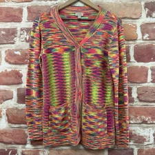 Logo Lori Goldstein Cardigan Womens XS Multicolor Striped Abstract Sweater