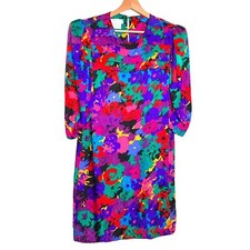 Flora Kung II New York Vintage Colorful 100 Silk Dress VTG Shoulder Pads Sz 10